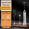 Wireless white electric milk frother set with three whisk heads and Type-C charging cable - New Three Head Set / New Electroplated White