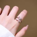 Elegant adjustable silver double-layer ring with V-shape zircon and bow tie design - Silver