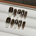 Brown and white gradient coffin press-on nails set with rhinestones and pearl accents - Extra Small (XS)