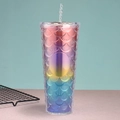 Rainbow gradient mermaid scale plastic straw cup with shiny glitter finish and lid - 24oz / Colorful