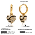 Detailed view showing product dimensions of gold heart earrings with black enamel stripes - Zebra Pattern Heart Earrings Style (JDE0306058)