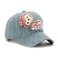 Detail of light blue denim baseball cap featuring a 3D plush bear and Richu embroidery - One Size / Light Blue