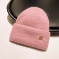 Pink ribbed knit beanie with a golden metal M logo and warm fuzzy mohair texture - M-Logo Thickened Style / Pink