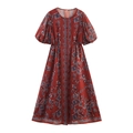 Vintage red boho floral print maxi dress with puff sleeves and button-down waist - XS / Red