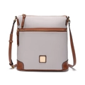 Detail of lychee grain leather texture and gold-tone zipper on gray crossbody bag - Beige Grey