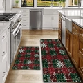 Detail of red and green plaid Christmas kitchen floor mats with snowflake patterns - 40x60cm / Red Green Scotch Plaid Snowflake Style (24SD5)