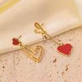 Asymmetric heart drop earrings in gold with red enamel and zircon accents - Red Heart Dangle Earring (G3170)