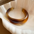 Vintage amber resin open cuff bracelet with irregular marbled texture on shell plate - Thick Round Open Bangle / Coffee - Oval