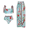 Detailed flat lay of floral blue bikini set with matching long wrap beach skirt - S / Tie Bikini Set With Cover-Up