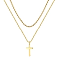Men's double layer gold stainless steel necklace with cross pendant and cuban chain - Double Layer / Gold