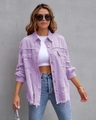 Detail of lavender denim jacket showing frayed edges and distressed ripped texture - 2XL / Light Purple