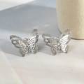 Elegant silver butterfly stud earrings with hollow-carved double layers for women - Double Layer Hollow Style / Silver