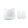 Detailed view of soft cotton newborn hat with ears and matching anti-scratch mittens set - Hat And Gloves / White