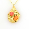 Golden necklace featuring a lava-textured pendant with pink and orange cat-eye gemstones - Dual-Tone Lava Stone Style (08)