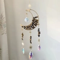 Golden crescent moon suncatcher with tiger eye stones and rainbow crystal prisms - M12-Tiger Eye