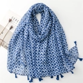 Navy blue fish scale print shawl with tassels and lightweight breathable fabric - 180*90CM / Blue White Pattern