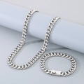 Silver 10mm Cuban link necklace and bracelet set in polished stainless steel - Style B Steel Color