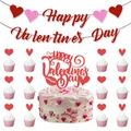 Red glitter Happy Valentine's Day banner with heart cake toppers set on white background - Large Topper and Small Toppers and Banner Decoration Set