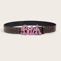 Cintura larga punk marrone scuro con rivetti in metallo e fibbia rosa scritta Bitch - caffè