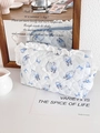 Quilted cotton makeup bag with blue cat pattern and delicate lace trim detail - Blue Cat Lace (Octagonal Bag)