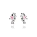 Silver heart hoop earrings with pink zircon heart and purple droplets on white background - Platinum Plated Purple Zircon + Pink Main Stone