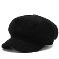 Women's black lamb wool newsboy cap with warm plush texture for autumn and winter seasons - Black