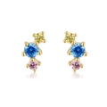 Close-up of 18K gold earrings with vertical yellow blue and pink zircon stones - Three-Color Staggered Gemstone Style (EH00536)