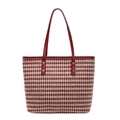 Red and beige houndstooth tote bag with slim leather straps on a white background - Houndstooth Style / Red Plaid