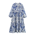 Women's V-neck maxi dress with blue tie-dye print, lantern sleeves and waist drawstring - XS / Blue