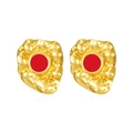 Retro wrinkled gold earrings with red round center featuring irregular hammered texture - Red