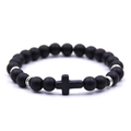 Close-up of matte black beads bracelet featuring a central cross pendant and silver spacers - Matte Black
