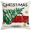 Christmas pillowcase featuring red truck and green tree design on beige linen fabric - 45x45CM (No Core) / LYD369-1 Red Truck Merry Xmas