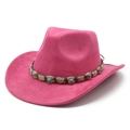 Chapeau de cowboy rose rouge en suédine style ethnique avec perles turquoise et corde - M (56-59cm) / Rose rouge