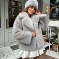 Light gray faux fur coat with matching furry hat and stylish white dress ensemble - S / Gray