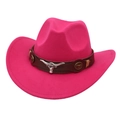 Detail of rose red felt cowboy hat featuring brown leather band and metal bull head ornaments - Rose Red
