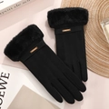 Women's black warm winter gloves with faux fur trim and gold fashion plate detail - Short Fur Gold Label / Black