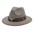 Light gray wool fedora hat with a brown leather band featuring a metal bull head ornament - M (56-58cm) / Light Gray