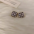 Luxurious gold-plated square stud earrings featuring blue and white checkered enamel pattern - Blue White Grid Square Studs / Blue White Plaid