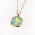 Detail of vintage golden square pendant featuring a blue narcissus floral oil painting pattern - Blue Background Yellow Daffodil (Style 4)