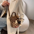 French retro checkered crossbody bag with brown leather trim and cute bunny charm accessory - Brown with Pendant