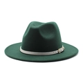 Detail view of a dark green fedora hat with a contrasting white belt and gold buckle - Dark Green
