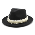 Sombrero fedora de fieltro negro con elegantes adornos de perlas para hombre y mujer - M (56-58cm) / Negro