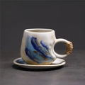Japanese ceramic coffee cup with blue-brown splatter and twine handle on matching saucer - 236-b Round Handle Coffee Cup + Saucer (white) 300ml / Universal