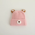 Rosa Baby Strickmütze mit süßen Bärenohren und braun gesticktem Nasenaufnäher - 44-48cm(8M-2J) / Rosa Bärenohren
