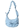 Light blue bow shoulder bag with ruched adjustable strap and minimalist pleated design - Blue