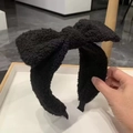 Black plush shearling headband with oversized bow for high cranial top hair styling - Black
