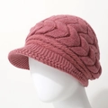 Detailed knit pattern of a warm winter beanie with brim in dusty pink on a model - One Size / Large Cable Knit (ZZ0059) / Leather Purple