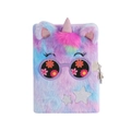 Macro detail of plush tie-dye unicorn notebook featuring sequin stars and metal lock - Tie-Dye Purple