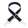 Detail of adjustable wide shoulder strap with blue geometric patterns and gold metal hooks - Blue
