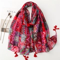 Écharpe bohème rouge à imprimé cachemire, aspect lin et glands de style vintage - Rouge et Bleu